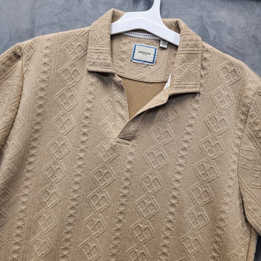 Brave Soul Mens Tan Textured Knit Geometric Diamond Polo Shirt Large L Short Slv